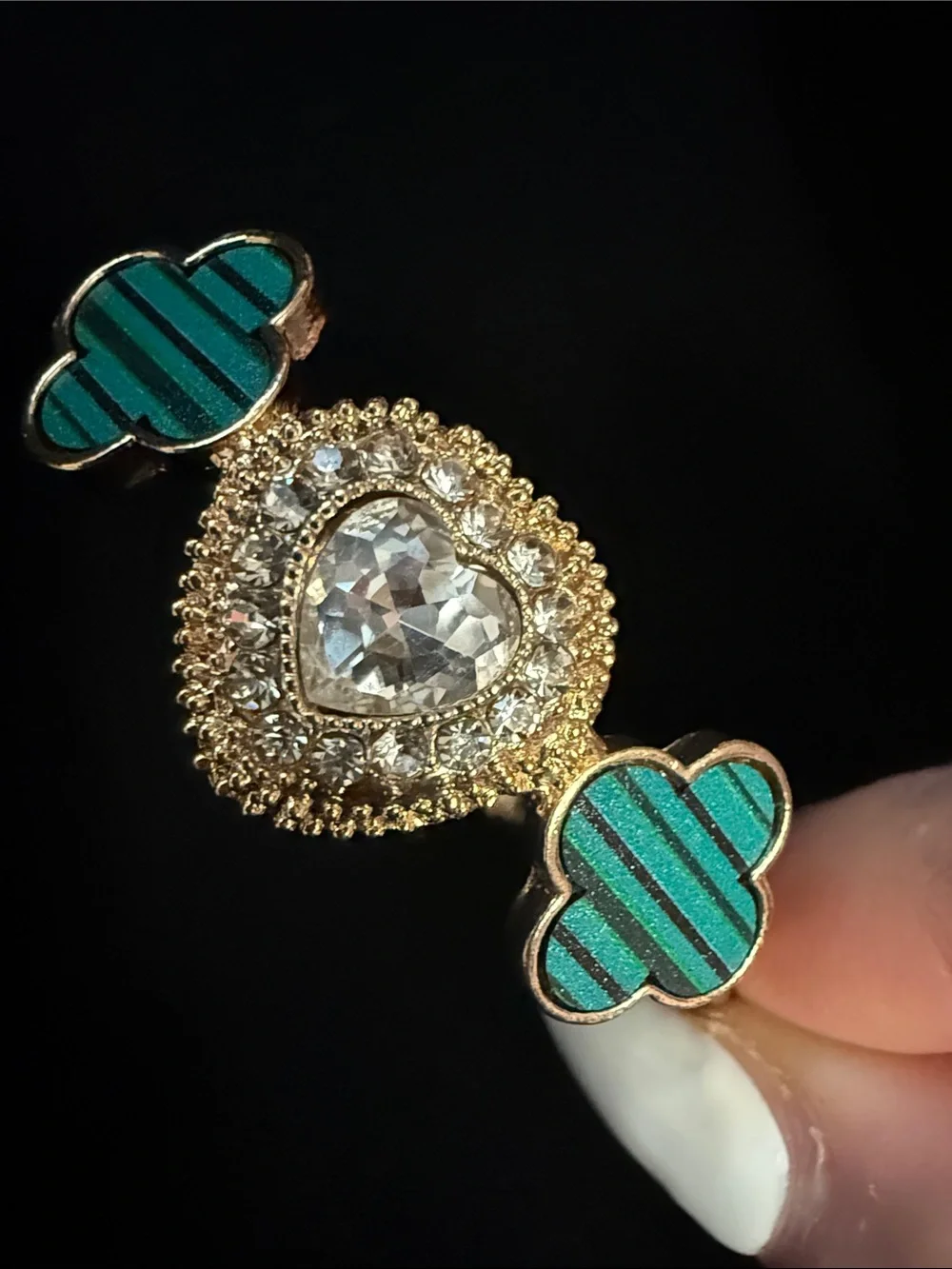 Gold Heart Ring with Green Clover Accents